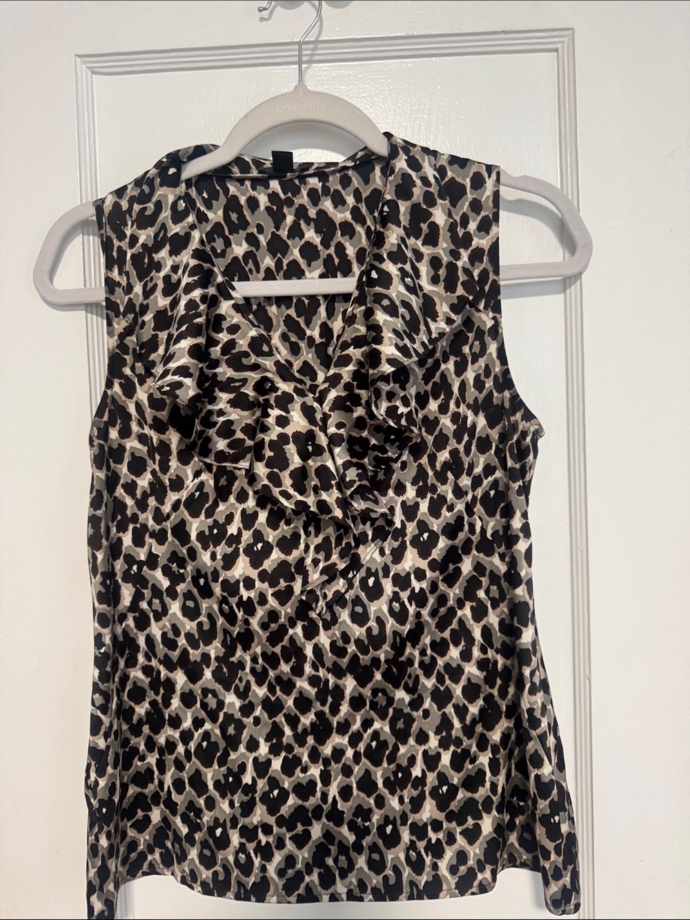 Ann Taylor Sleeveless Leopard Print Ruffle V-Neck Top - Black & Cream
